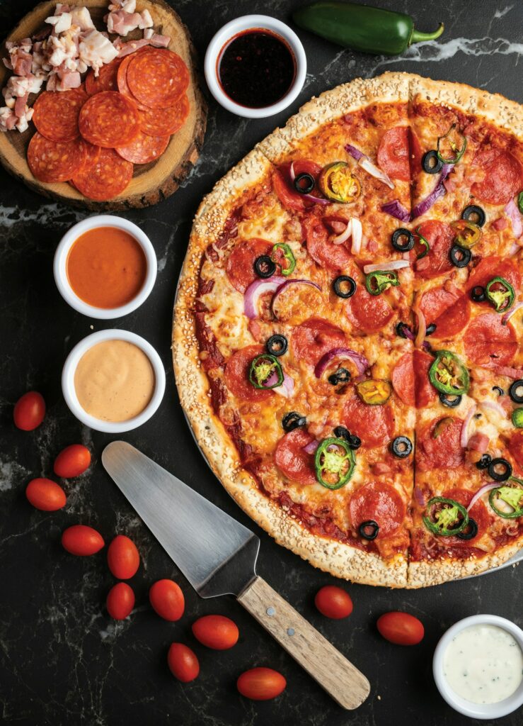 Overhead shot of an appetizing pizza with ingredients